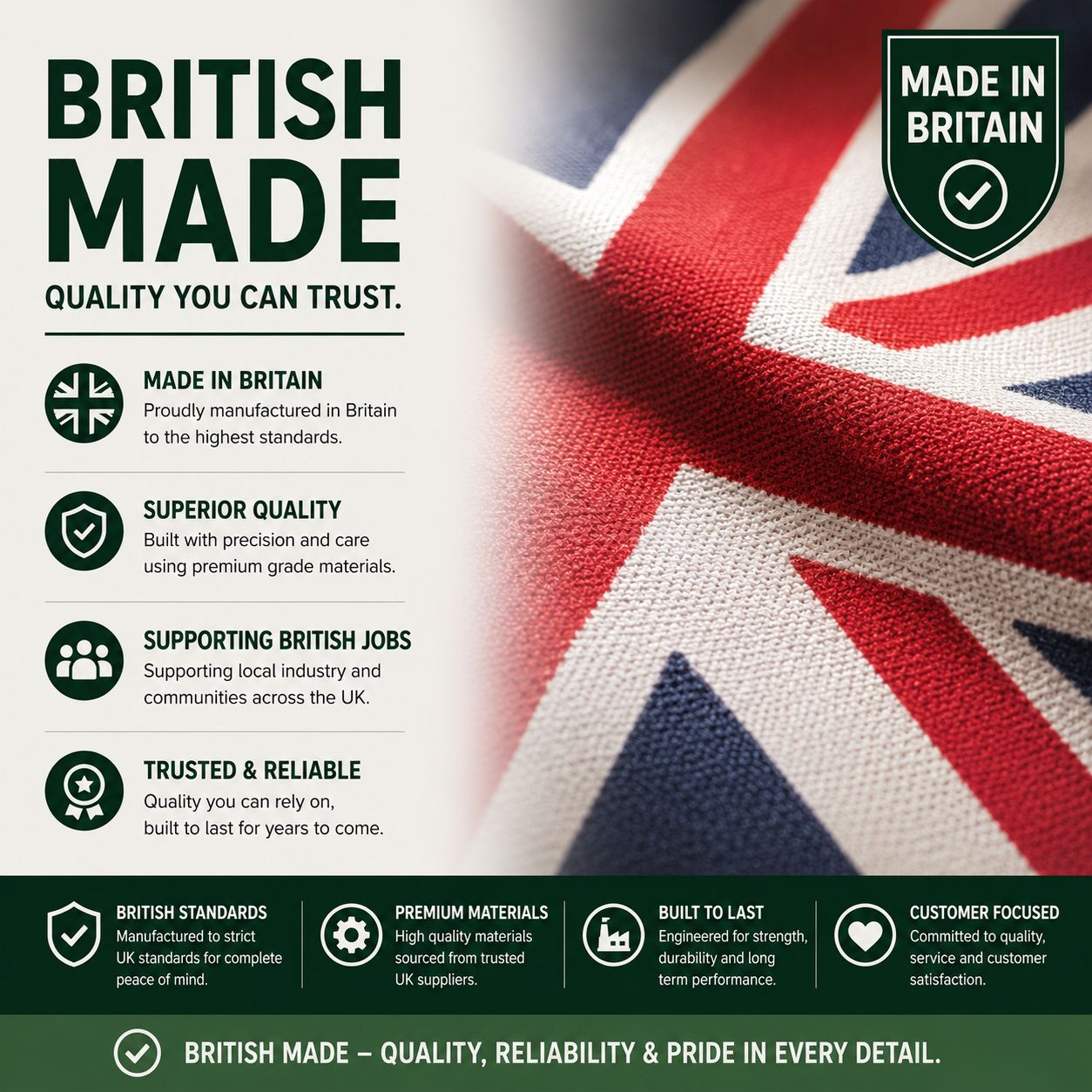 Close up of a Union flag with Made in Britain shield
