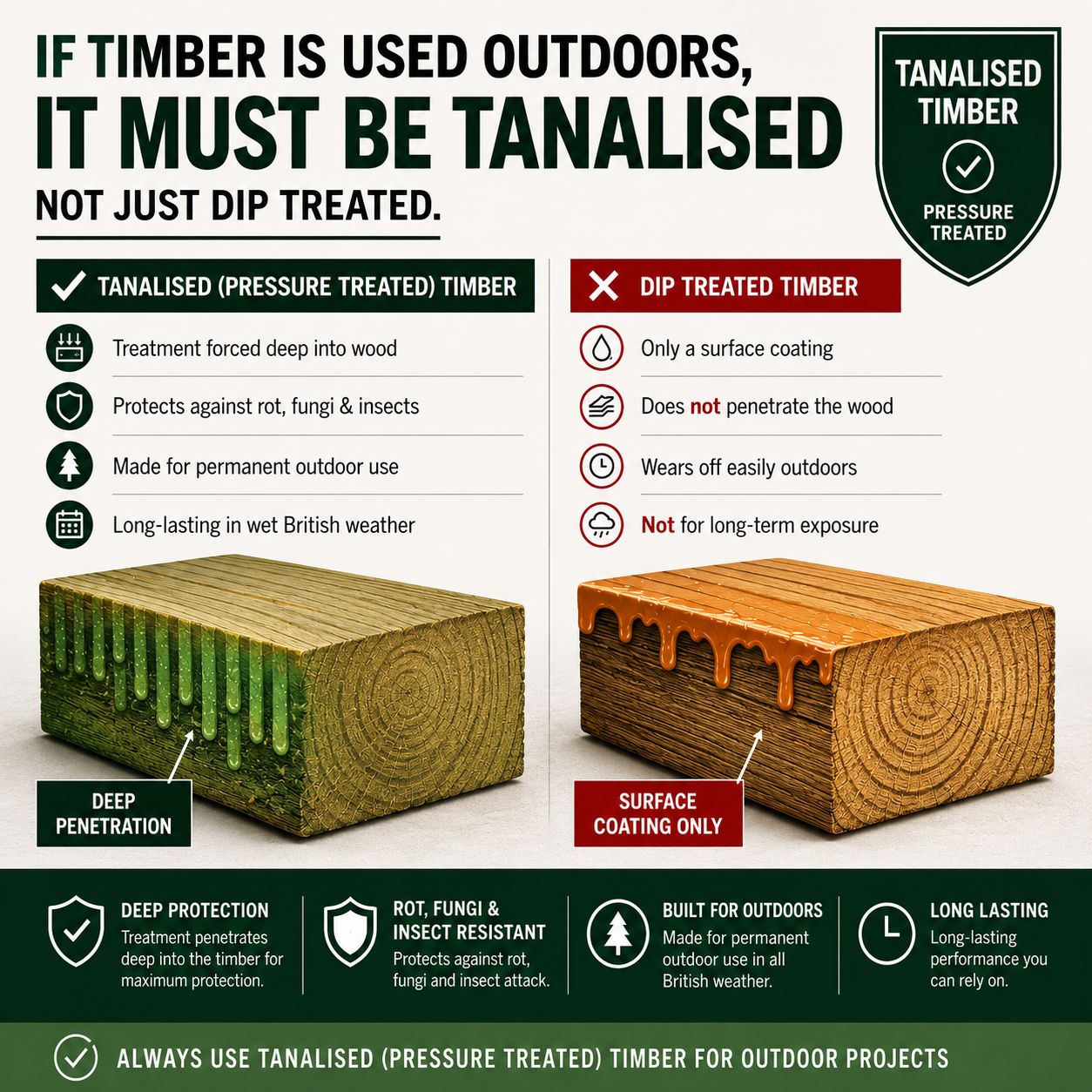 Comparison between tanalised pressure-treated timber and dip-treated timber