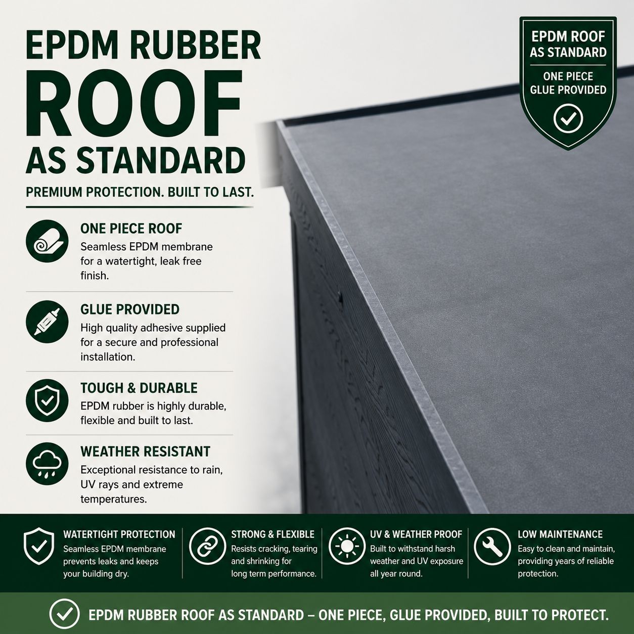 EPDM rubber roof on a composite garden building